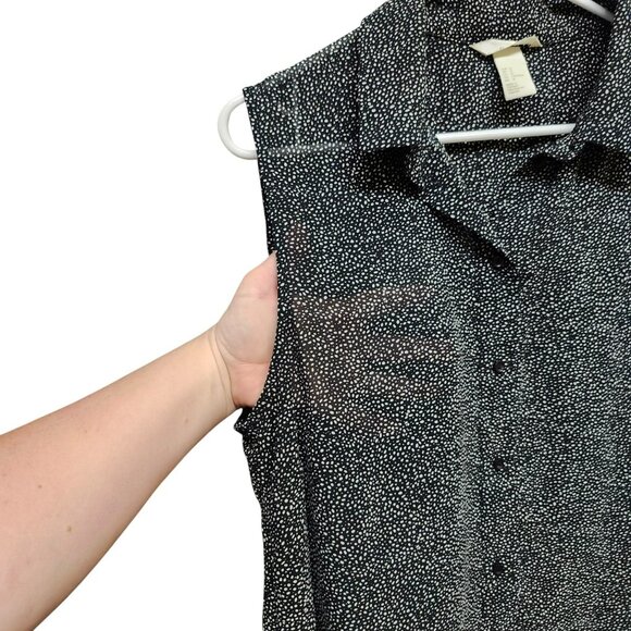 H&M Womens Size 14 Blouse Black White Button Front Collared Curved Hem - Picture 8 of 15